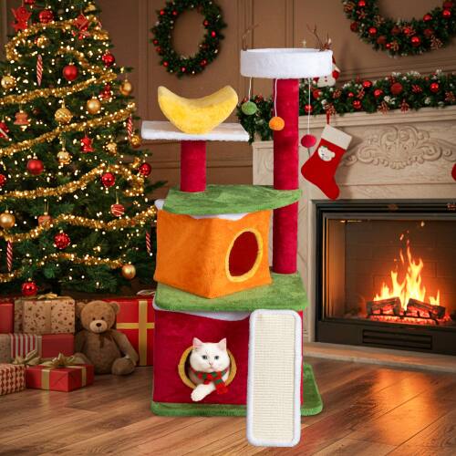 Alt View 9. Winado - 48.5in Christmas Themed Plush Cat Tower with Cat Condos, Top Reindeer Antler Perch, Sisal Ramp Scratching Board, Posts.