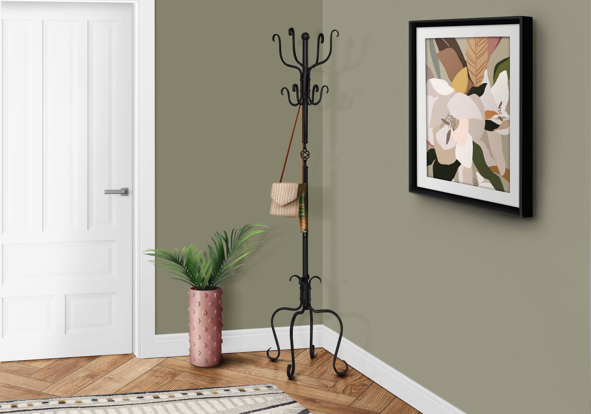 Front. TinyHomie - Coat Rack Hall Tree Free Standing 8 Hooks Entryway 74h Bedroom Black Metal Transitional - Black.
