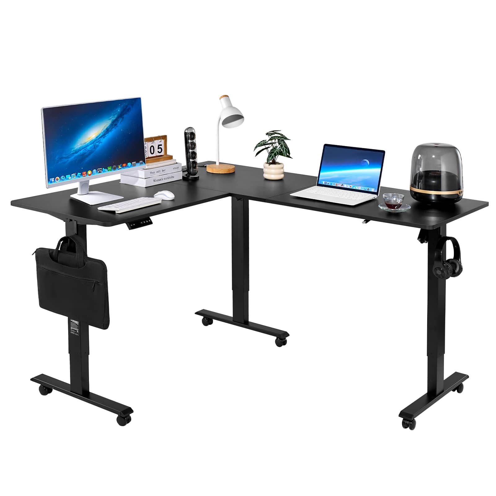Front. VEVOR - L Shaped Desk, Electric Adjustable Height Corner Gaming Desk with Dual Hooks and Wheels - Black.