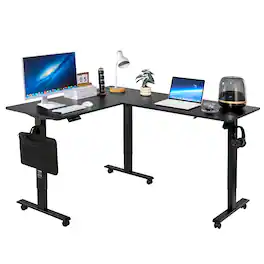 VEVOR - L Shaped Desk, Electric Adjustable Height Corner Gaming Desk with Dual Hooks and Wheels - Black