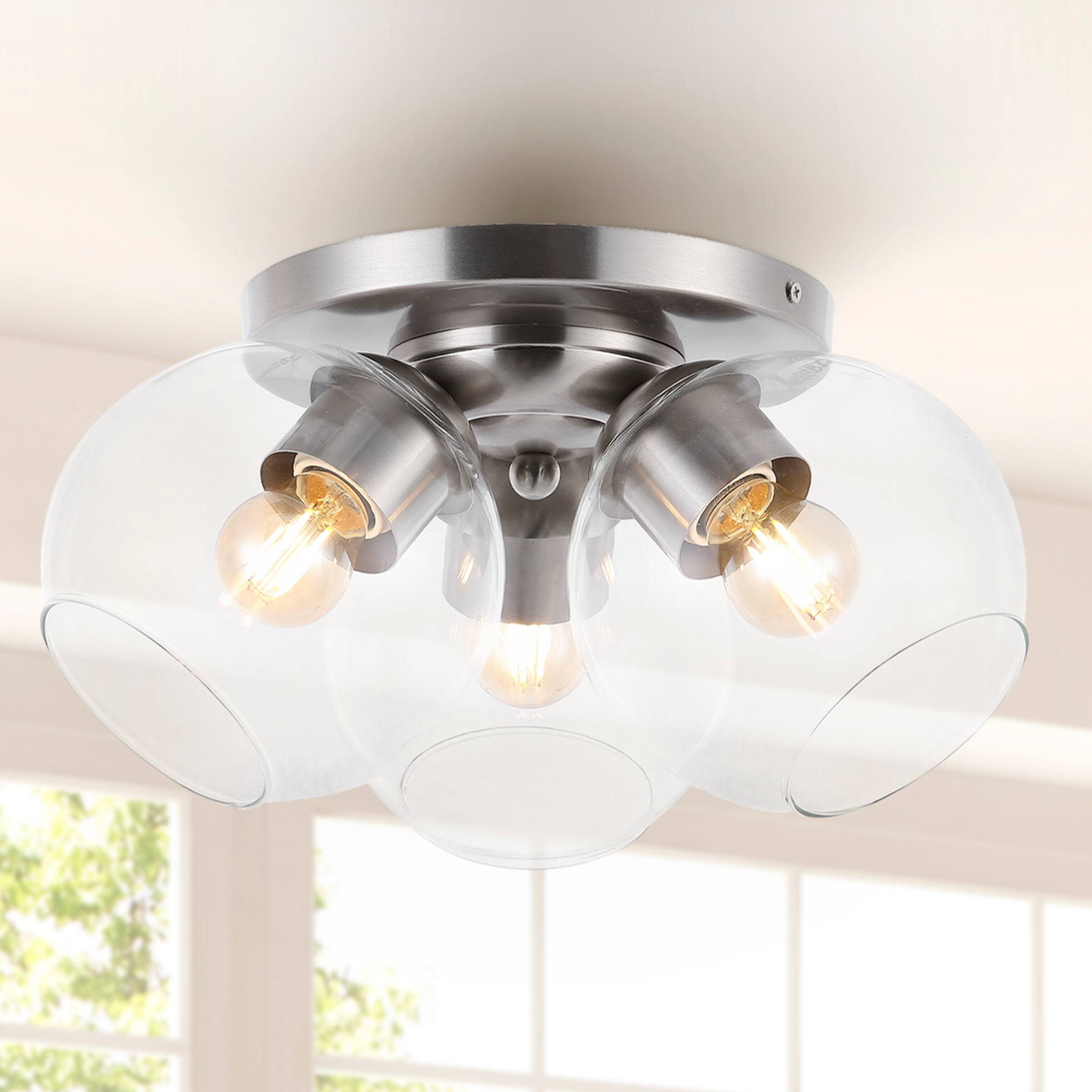 Alt View 1. Jonathan Y - Iris 11.5" 3-Light Farmhouse Rustic Iron/Glass LED Semi Flush Mount, Nickel/Clear - Nickel.