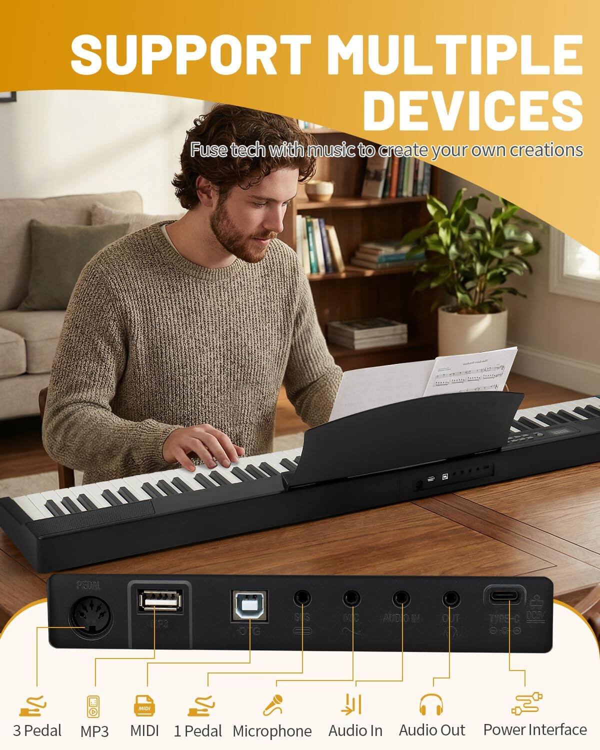 SUPPORT MULTIPLE DEVICES

Fuse tech with music to create your own creations

3 Pedal MP3 MIDI 1 Pedal Microphone Audio In Audio Out Power Interface