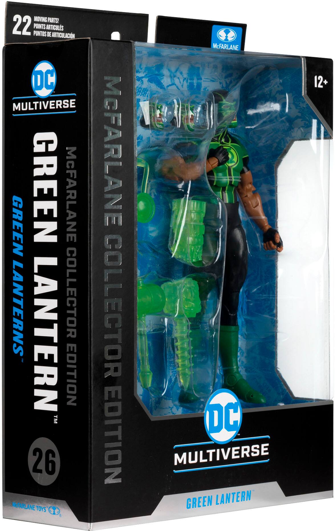 The image features a Green Lantern action figure from the DC Multiverse collection. The figure is displayed in a black box, which is designed to protect and showcase the toy. The Green Lantern is a popular character from the DC Comics universe, known for its unique abilities and role as a member of the Green Lantern Corps. The figure is likely to be a collector's item, as it is part of a limited edition series.