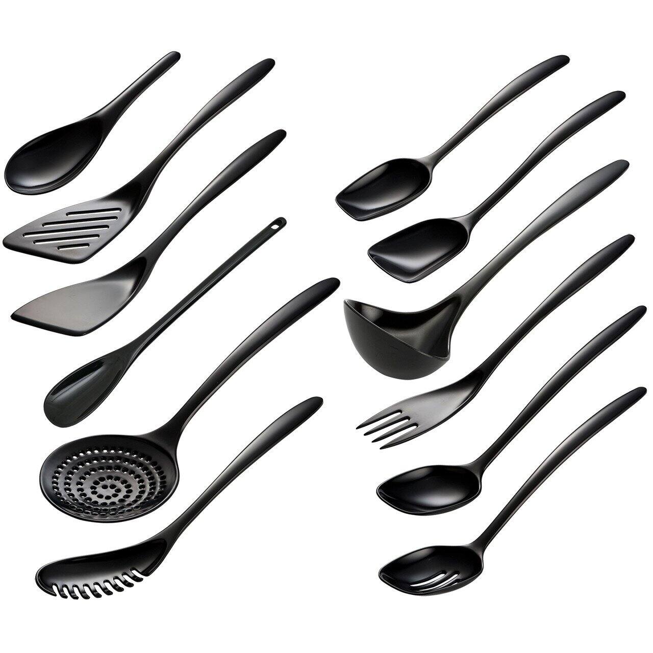 Front. Hutzler - 12 Piece Cook & Serve Melamine Utensil Set - Black - Black.