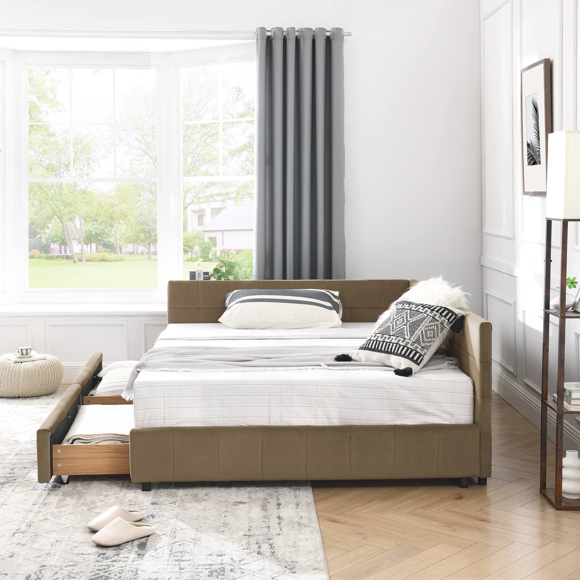 Back. Anysun - Full Size Velvet Tufted Storage Bed Frame - Sofa Bed with Backrest & Armrests for Bedroom or Living Room - Brown.