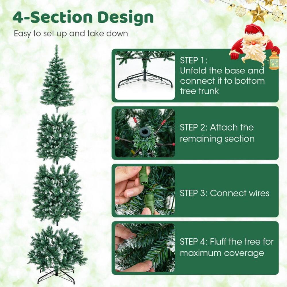 4-Section Design  
Easy to set up and take down  

STEP 1: Unfold the base and connect it to bottom tree trunk  
STEP 2: Attach the remaining section  
STEP 3: Connect wires  
STEP 4: Fluff the tree for maximum coverage