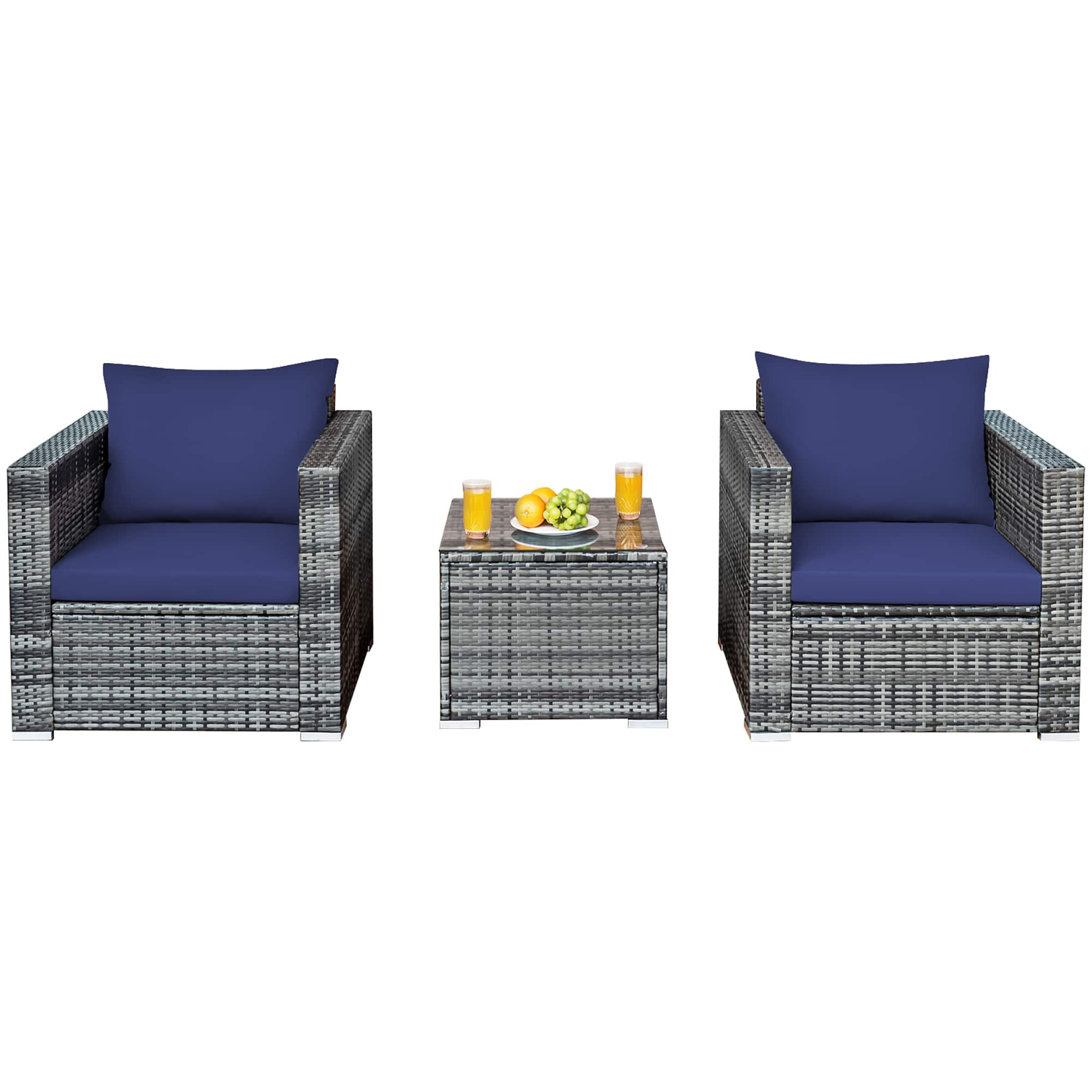 Front. Costway - 3 PC Patio Rattan Furniture Bistro Set Cushioned Sofa Chair Table - Navy.