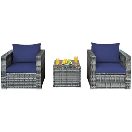 Front. Costway - 3 PC Patio Rattan Furniture Bistro Set Cushioned Sofa Chair Table - Navy.