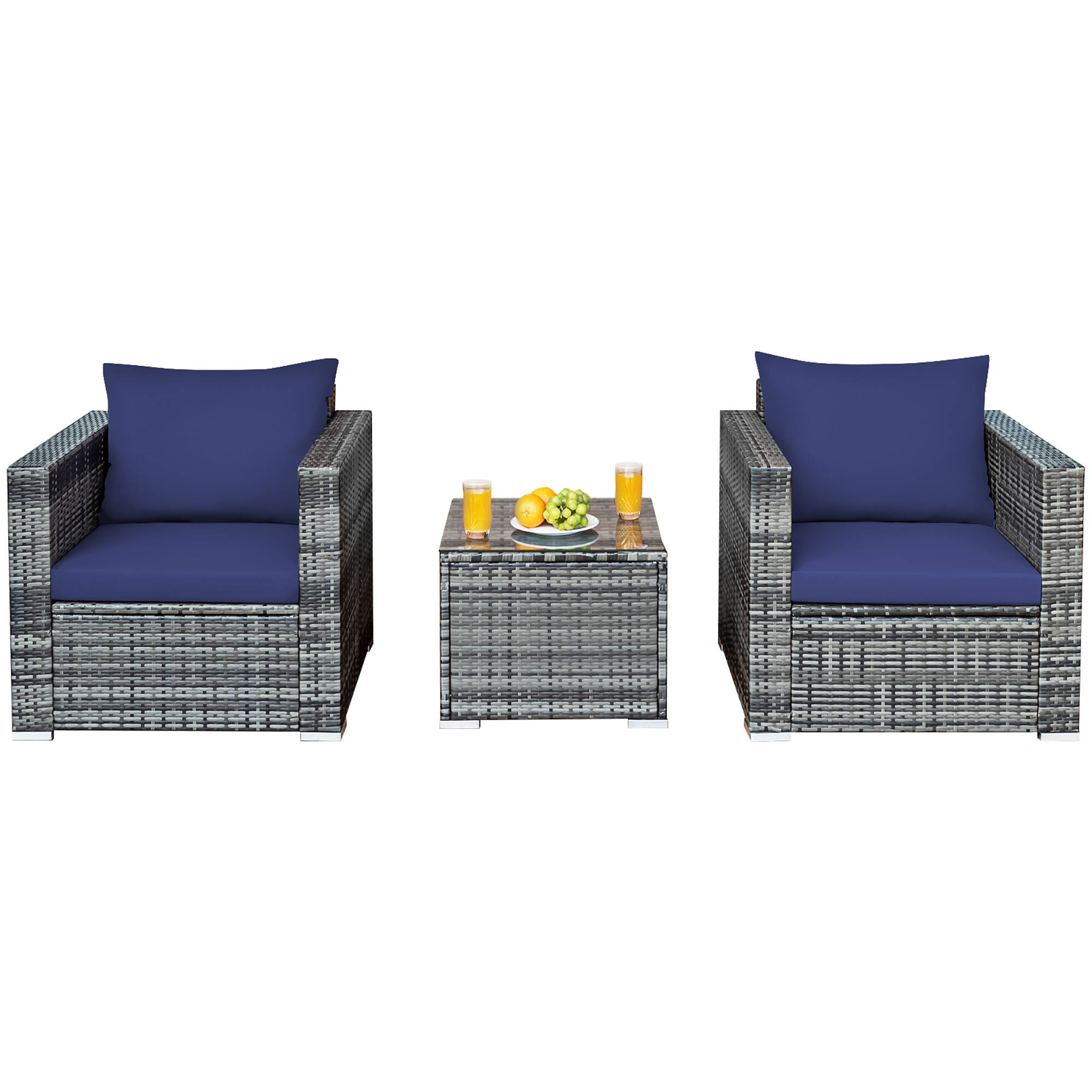 Costway - 3 PC Patio Rattan Furniture Bistro Set Cushioned Sofa Chair Table - Navy