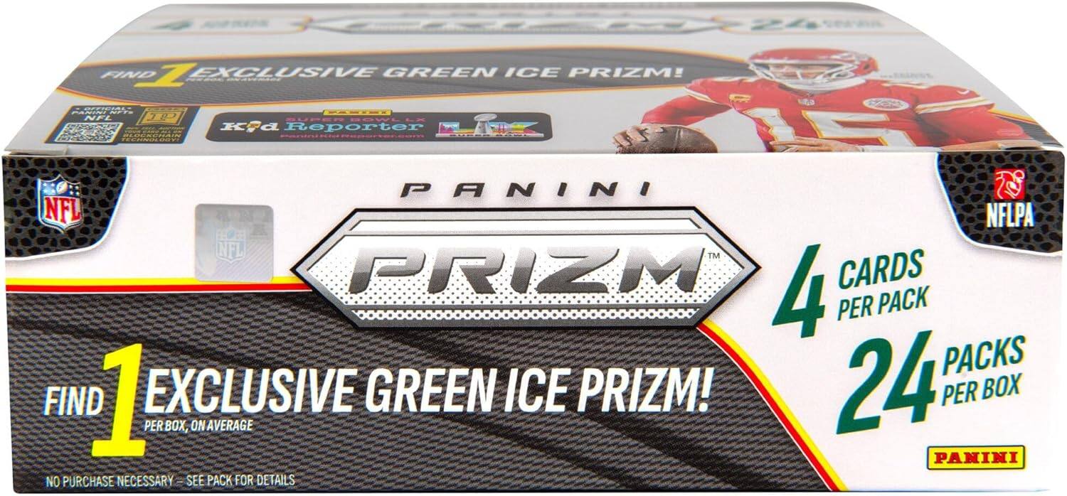 FIND 1 EXCLUSIVE GREEN ICE PRIZM!  
PANINI NFTS NEL TD SUPER BOWL  
KIA Reporter I5  
FOLDERCHAIN  
CHAUOCY PANINI  
NFL NFLPA NFL TM PRIZM  
4 CARDS PER PACK  
24 PACKS PER BOX  
NO PURCHASE NECESSARY - SEE PACK FOR DETAILS