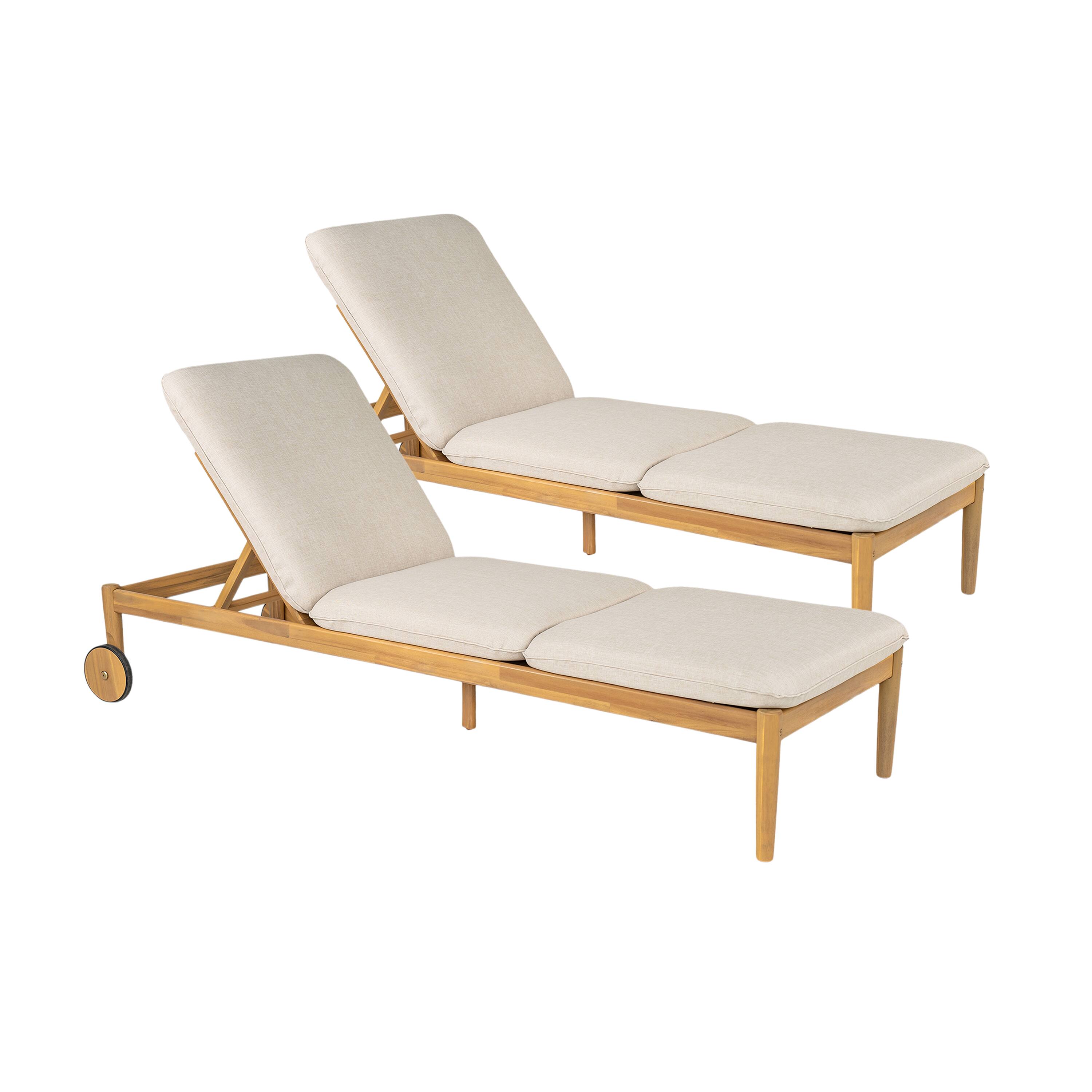 Front. Mondawe - Set of 2 Outdoor Acacia Wood Chaise Lounge with Wheels - Beige+Light Teak.