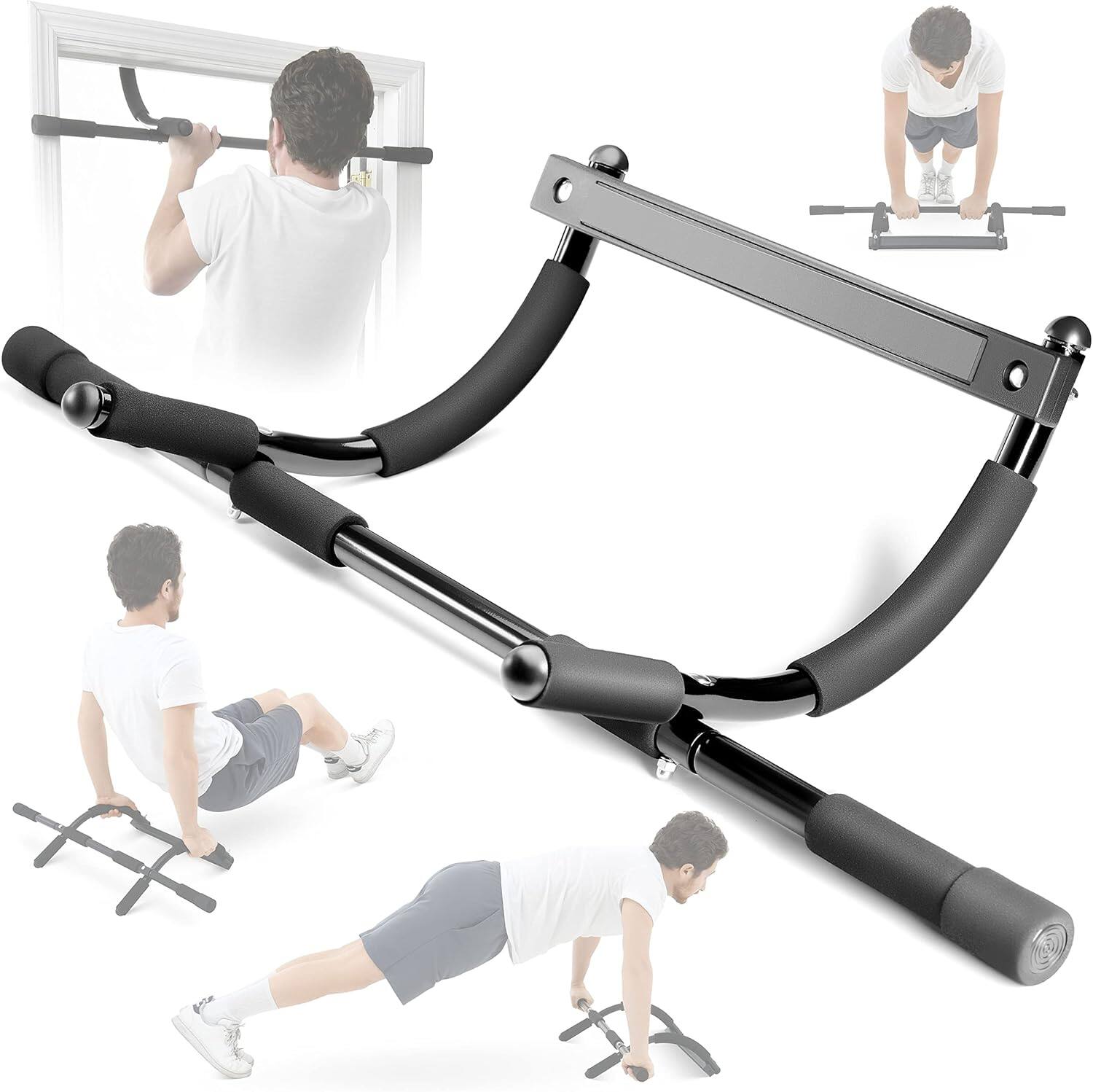 Front. Home It - Pull Up Bar Chin Up Heavy-Duty Fitness Home Gym Exercise Bar with Foam Pads - 32 Inches Up to Doorway - Black.