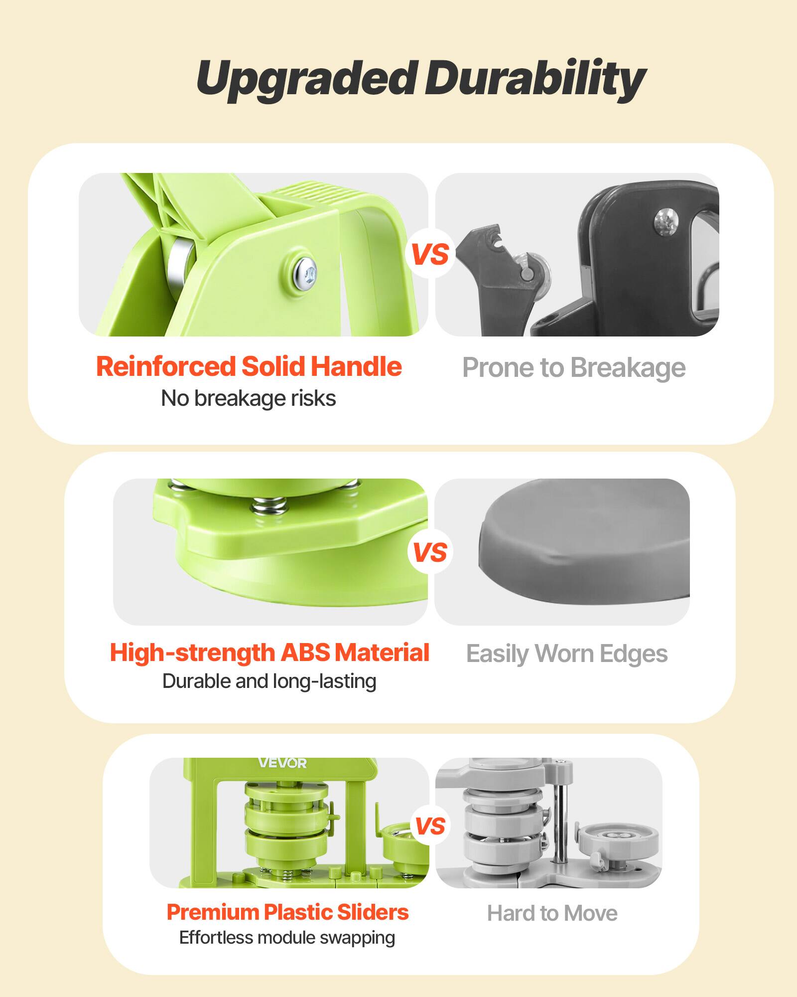 Upgraded Durability

- Reinforced Solid Handle
  - No breakage risks
- High-strength ABS Material
  - Durable and long-lasting
- Premium Plastic Sliders
  - Effortless module swapping

VS

- Prone to Breakage
- Easily Worn Edges
- Hard to Move