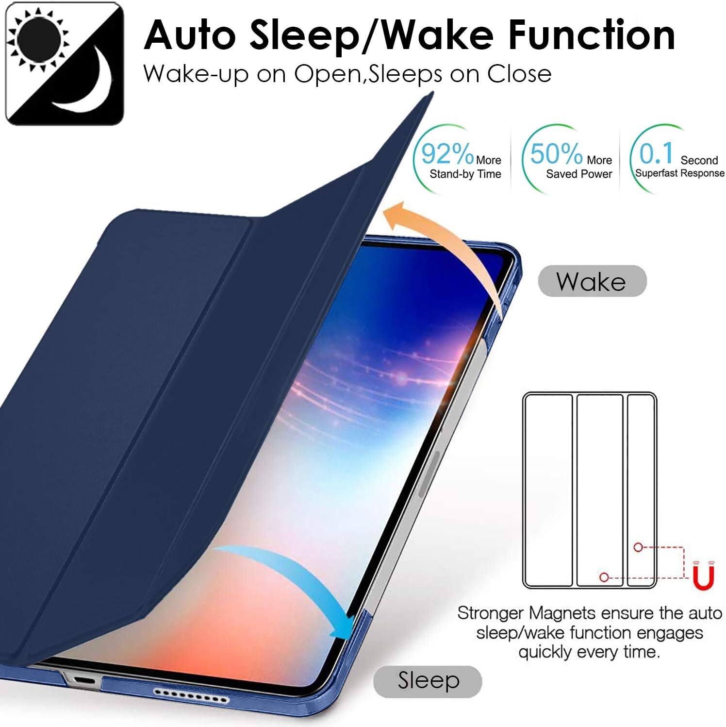 Auto Sleep/Wake Function  
Wake-up on Open, Sleeps on Close  

92% More Stand-by Time  
50% More Saved Power  
0.1 Second Superfast Response  

Wake  
Sleep  

Stronger Magnets ensure the auto sleep/wake function engages quickly every time.