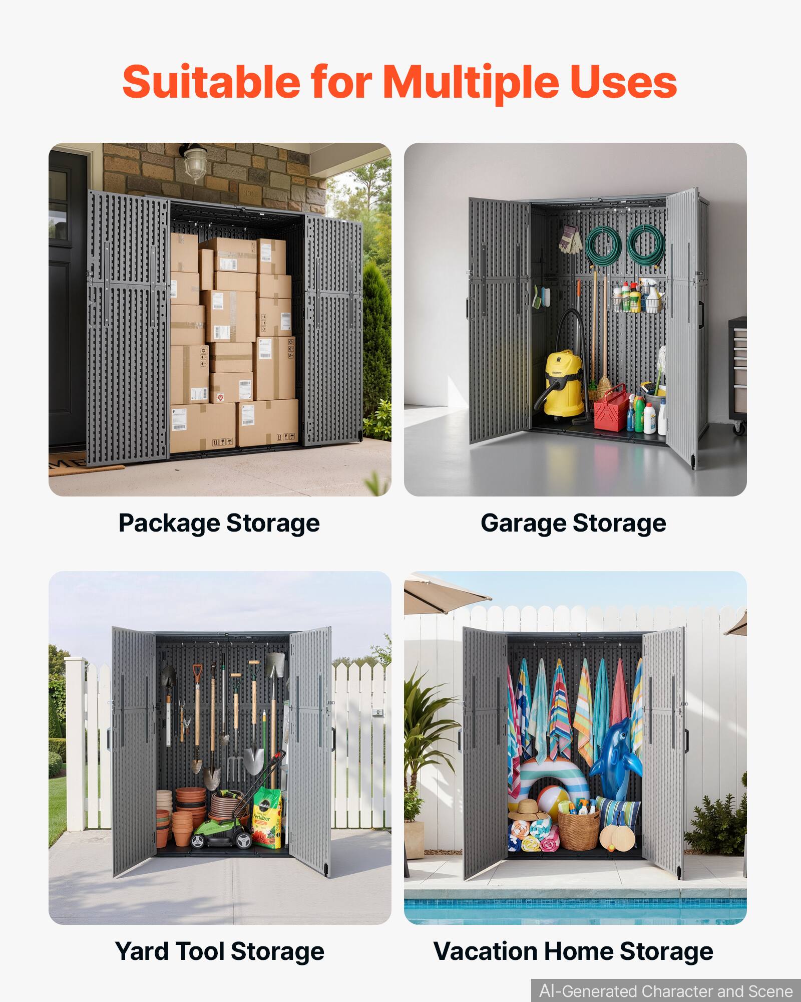 Suitable for Multiple Uses

Package Storage

Garage Storage

Yard Tool Storage

Vacation Home Storage

AI-Generated Character and Scene