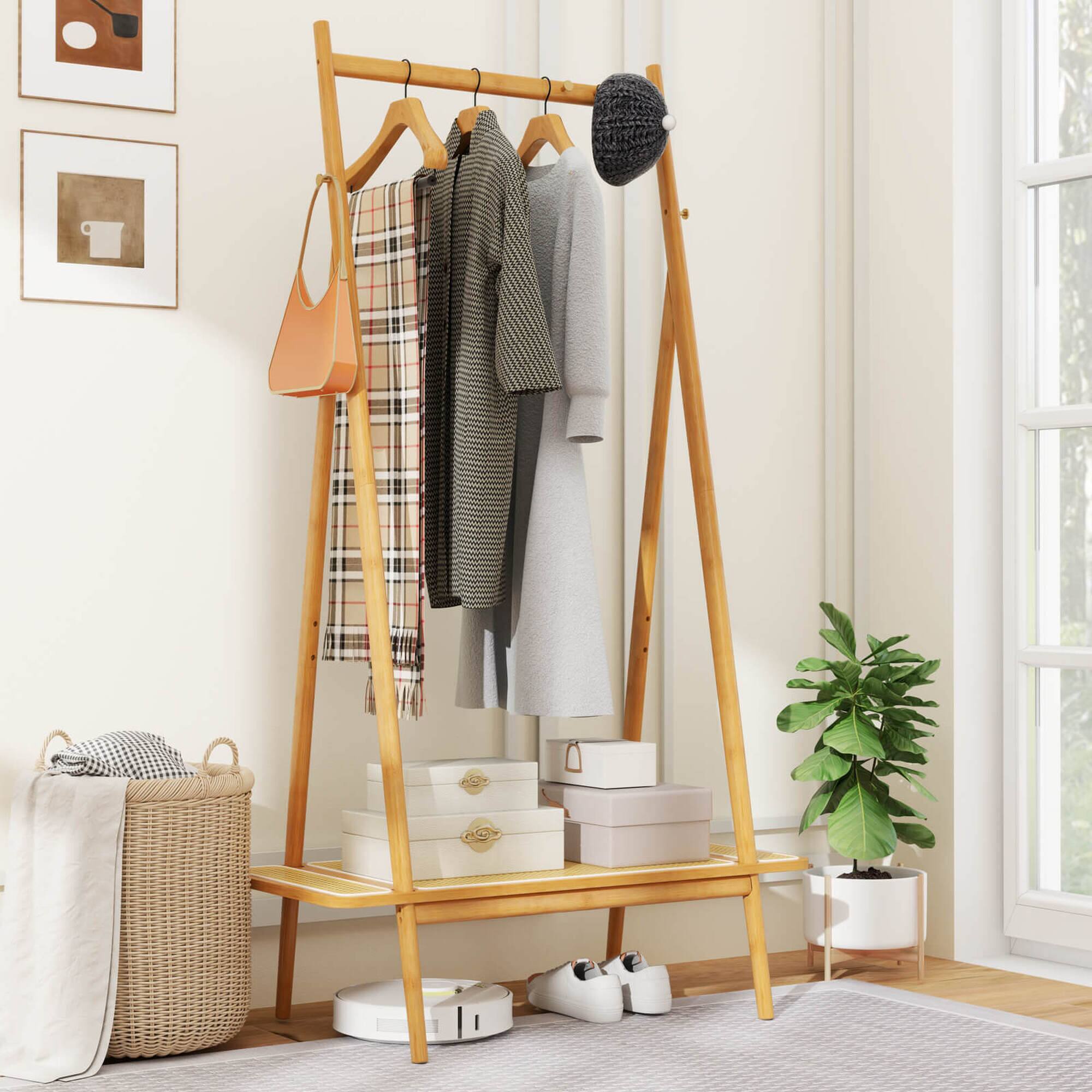 Alt View 4. Costway - Costway Bamboo Clothes Rack Clothing Rack with Hanging Rod Rattan Shelf & 5 Copper Hooks Natural - Natural.