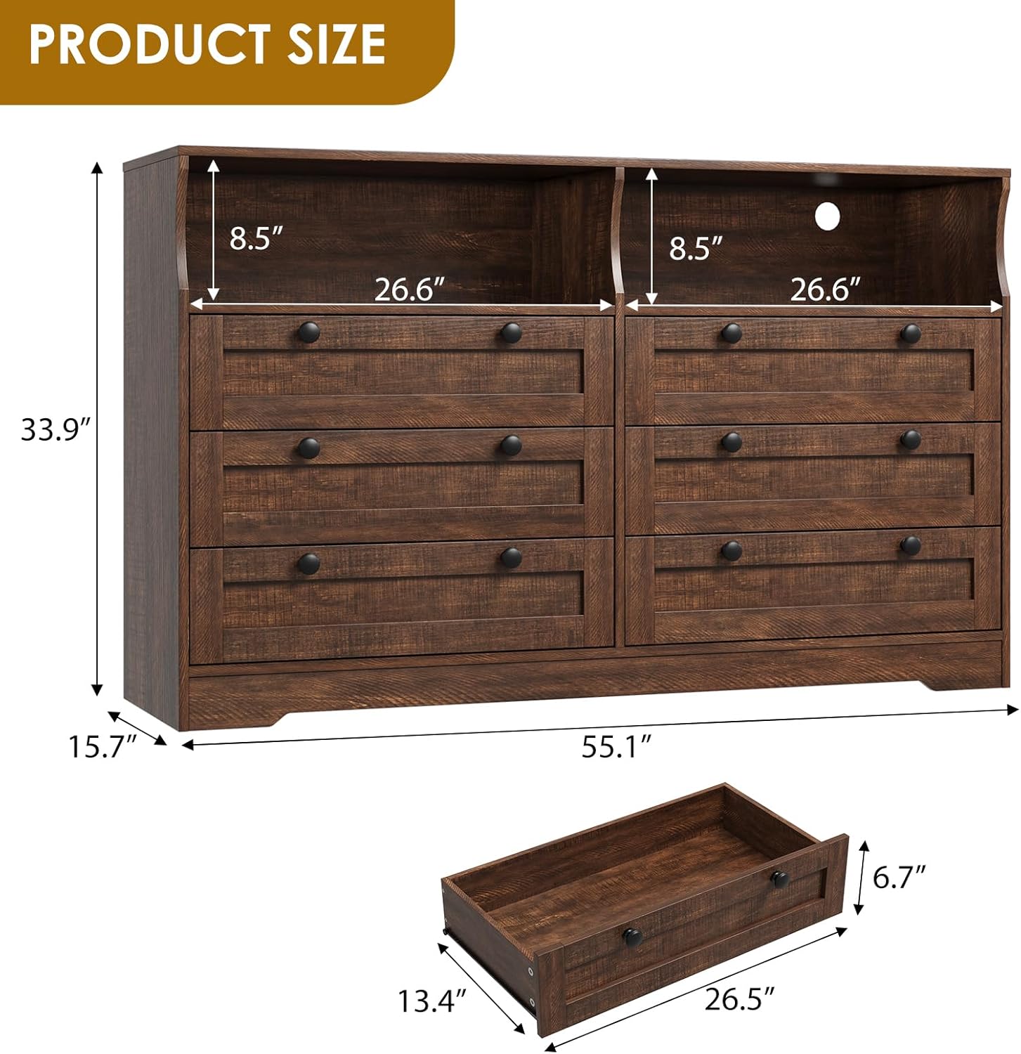 PRODUCT SIZE

- Height: 33.9"
- Width: 55.1"
- Depth: 15.7"
- Drawer Height: 8.5"
- Drawer Width: 26.6"
- Drawer Depth: 13.4"
- Bottom Drawer Height: 6.7"
- Bottom Drawer Width: 26.5"
