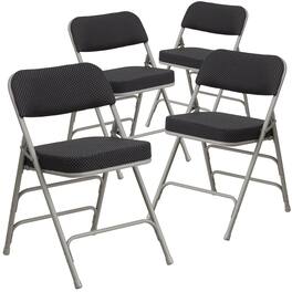 Emma + Oliver - 4 Pack Premium Curved Triple Braced & Hinged Fabric Upholstered Metal Folding Chair - Black