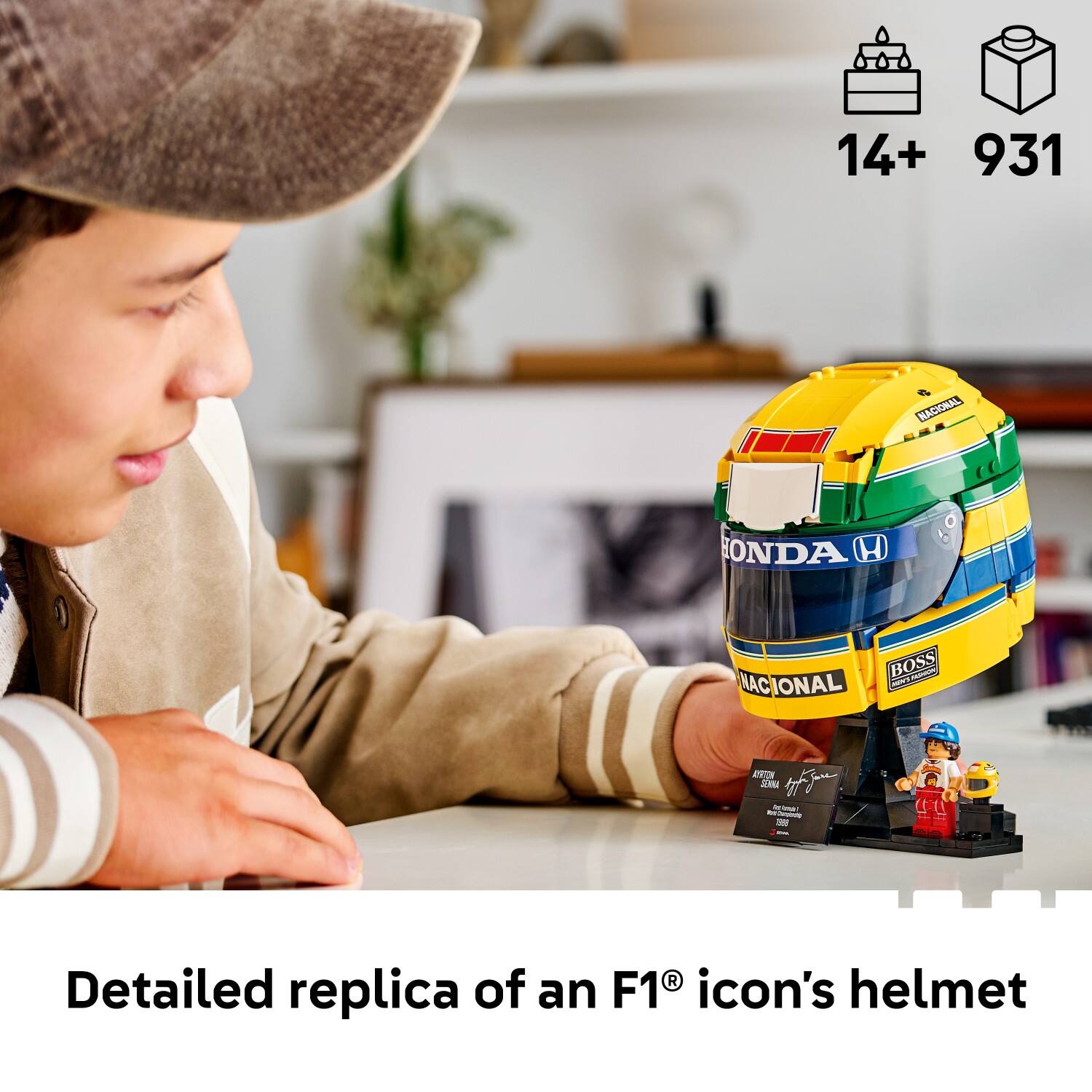 14+ 931  
NACIONAL  
ONDA H  
NAC IONAL  
BOSS IWS BASHION  
ACTION SENNA opiripen RU total  
Detailed replica of an F1® icon's helmet
