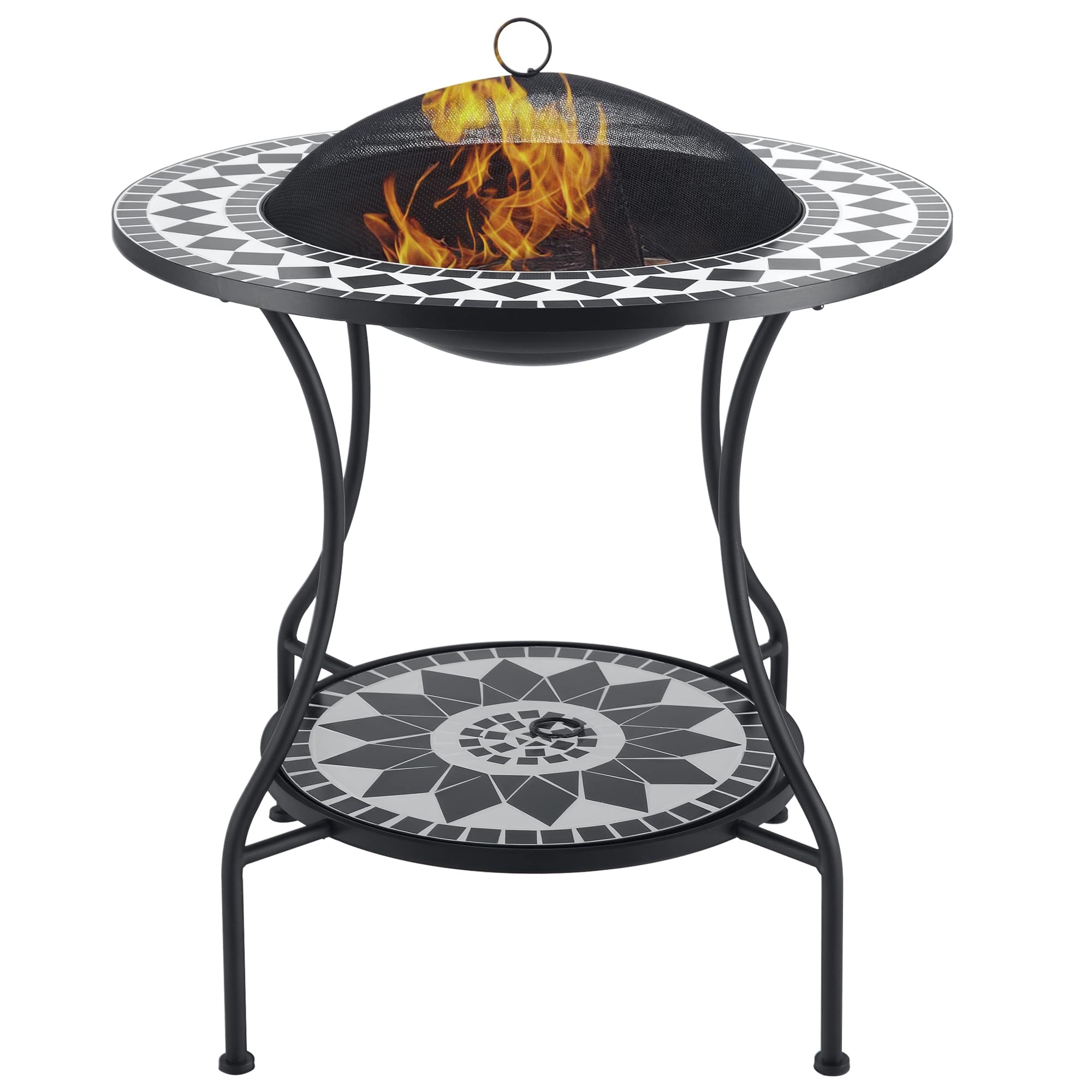 Outsunny - 30" Outdoor Fire Pit Dining Table, 3-in-1 Round Wood Burning Fire Pit Bowl, Patio Ice Bucket with Storage Shelf - Black, White