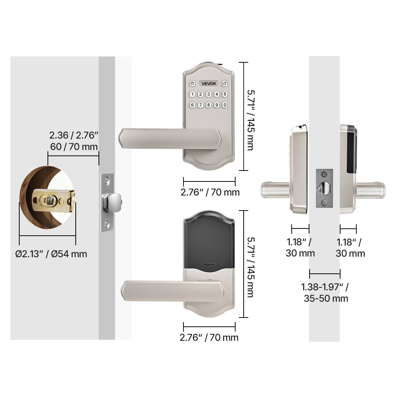 2.36 / 2.76"  
60 / 70 mm  

5.71" / 145 mm  

02.13" / 054 mm  

1.18" / 30 mm  

1.38-1.97" / 35-50 mm  

VEVOR  

2 3 4 5 6 7 8 9 0