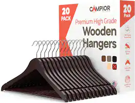 Campior - Wooden Hangers – 20-Pack, 360° Swivel Hook, Non-Slip, Pants Bar, Grooves, Space-Saving & Smooth Finish - Cherry