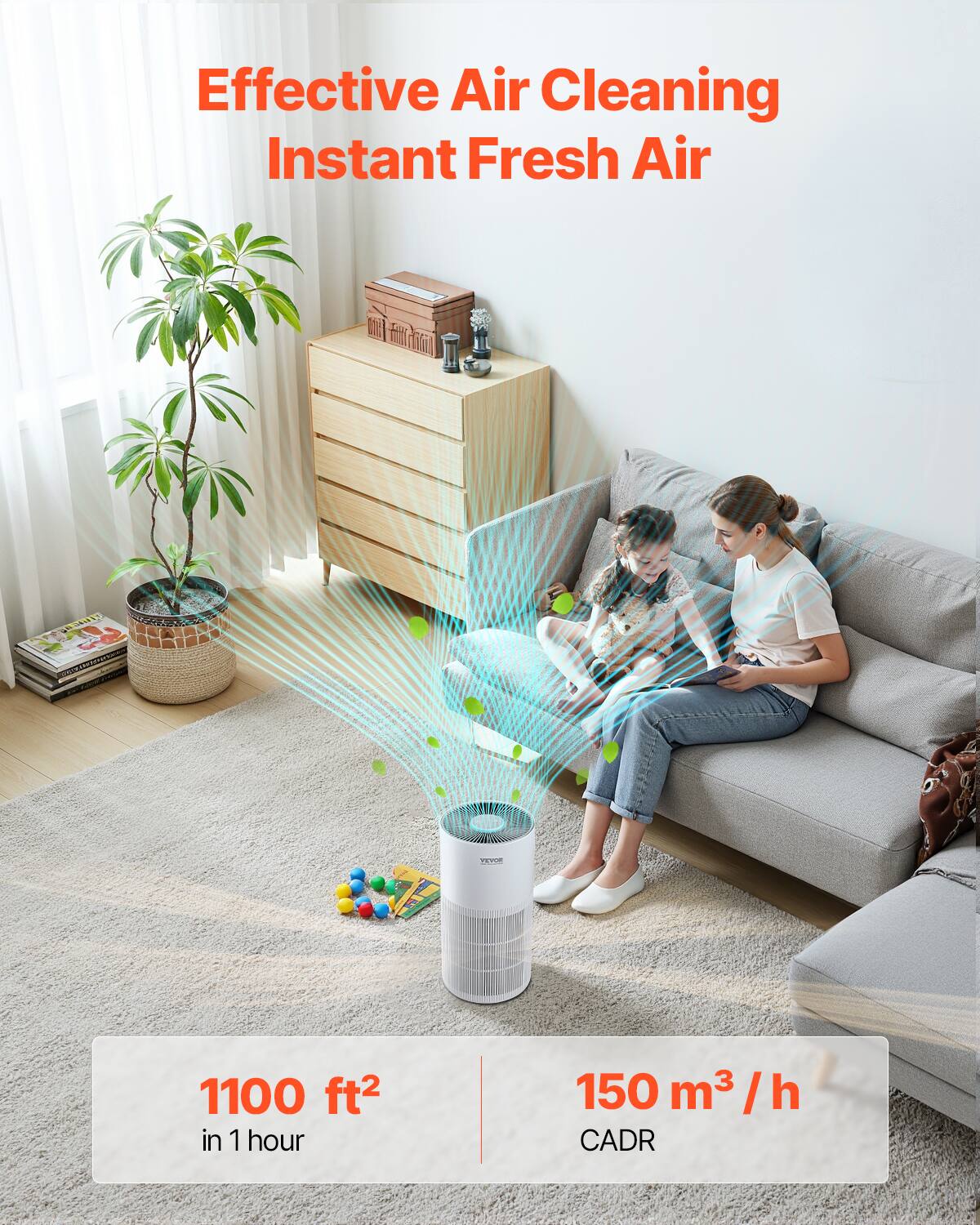 Effective Air Cleaning  
Instant Fresh Air  

1100 ft² in 1 hour  

150 m³/h CADR
