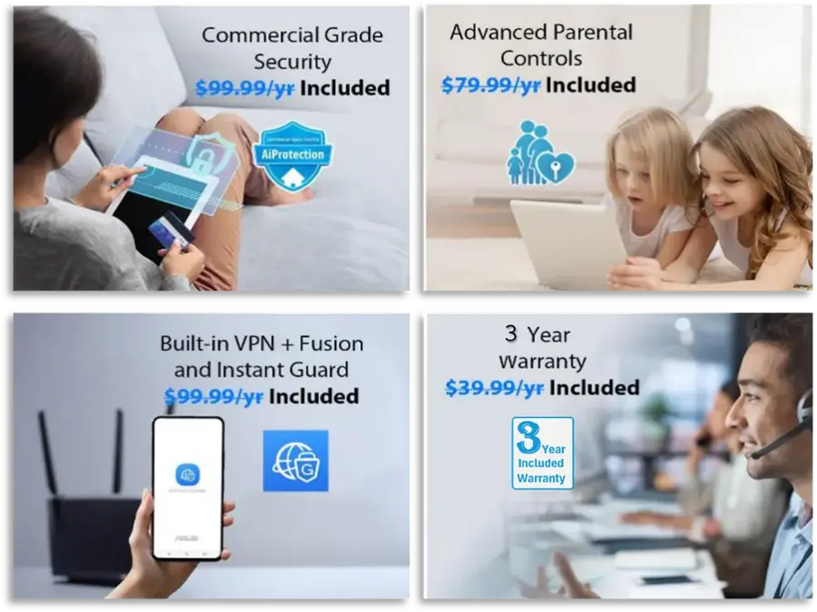 The text on the image can be grouped and corrected as follows:

1. Commercial Grade Advanced Parental Security Controls: $99.99/yr included
2. AiProtection Built-in VPN + Fusion and Instant Guard: $99.99/yr included
3. 3 Year Warranty: $39.99/yr included
4. 3 Year Included Warranty: $39.99/yr included

The text on the image is describing different features and warranty options for a product, likely a smartphone or a laptop. The first option is a commercial-grade advanced parental security controls, which is included in the price of $99.99 per year. The second option is AiProtection, which includes a built-in VPN, fusion, and instant guard, also included in the price of $99.99 per year. The third option is a 3-year warranty, which is also included in the price of $39.99 per year. The fourth option is a 3-year included warranty, which is also included in the price of $39.99 per year.