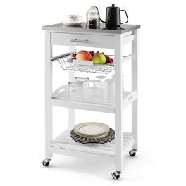 Costway - Compact Kitchen Island Cart Rolling Service Trolley withStainless Steel Top Basket - White