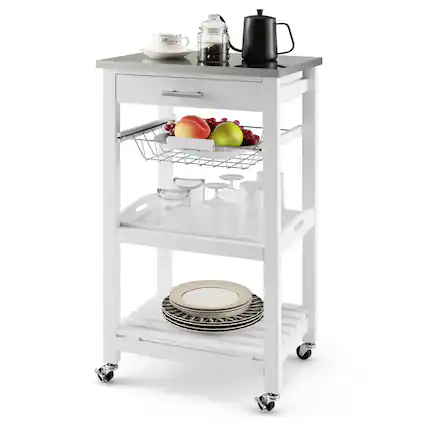 Front. Costway - Costway Compact Kitchen Island Cart Rolling Service Trolley withStainless Steel Top Basket - White.