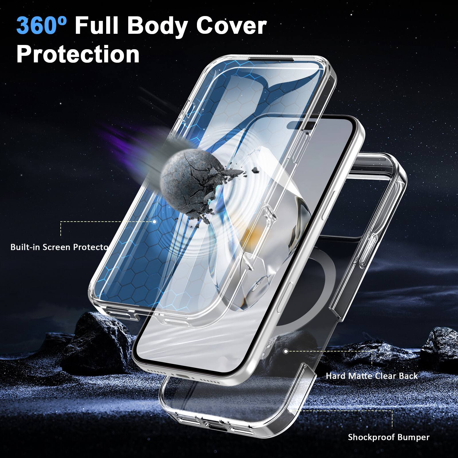 360° Full Body Cover Protection

Built-in Screen Protector

Hard Matte Clear Back

Shockproof Bumper