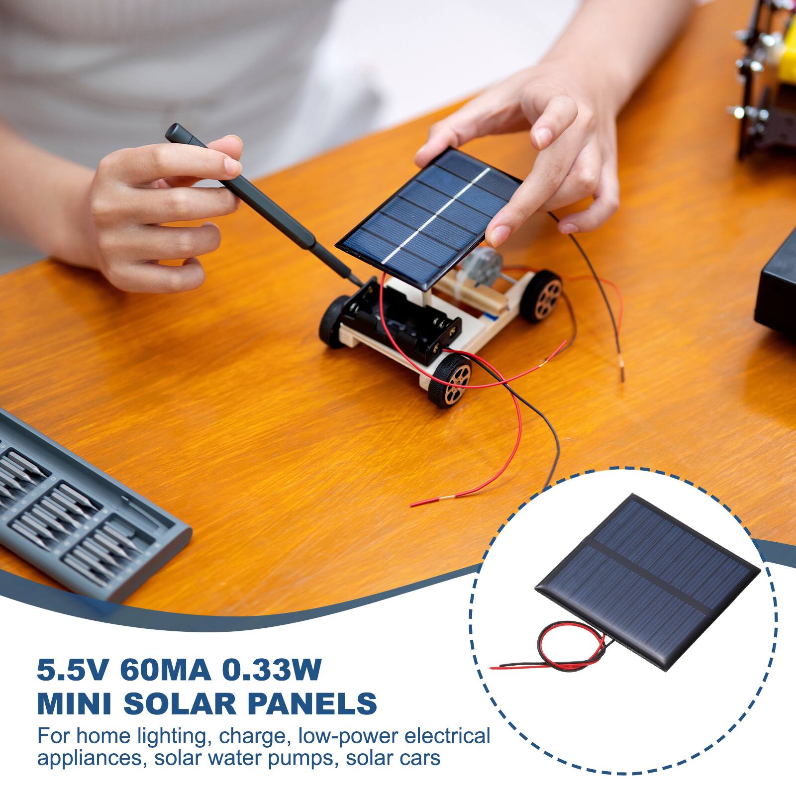 5.5V 60MA 0.33W MINI SOLAR PANELS

For home lighting, charge, low-power electrical appliances, solar water pumps, solar cars