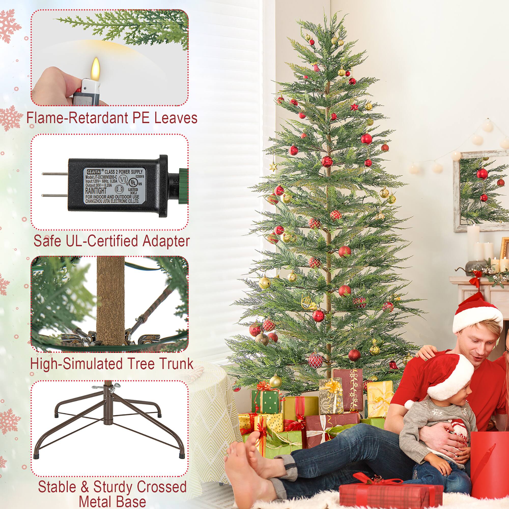 - Flame-Retardant PE Leaves
- Safe UL-Certified Adapter
- High-Simulated Tree Trunk
- Stable & Sturdy Crossed Metal Base