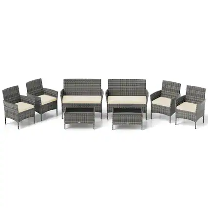 Front. Costway - Costway 8 PCS Patio Furniture Set with Washable Cushions and Tempered Glass Coffee Table - Beige,Mix Gray.