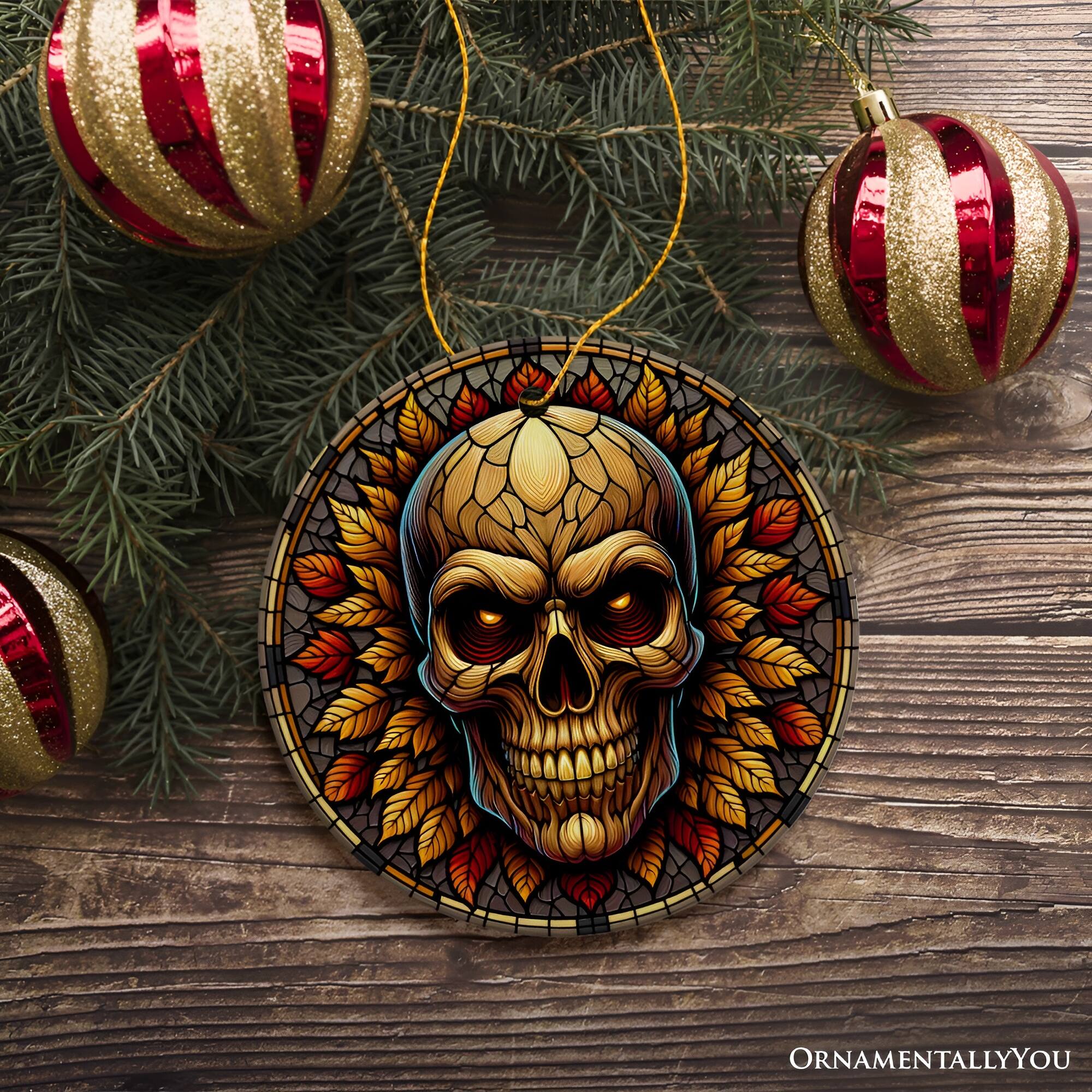 Back. OrnamentallyYou - Spine-Chilling Haunting Skull Stained Glass Style Ceramic Ornament Halloween Themed Christmas Gift - Multi-colored.