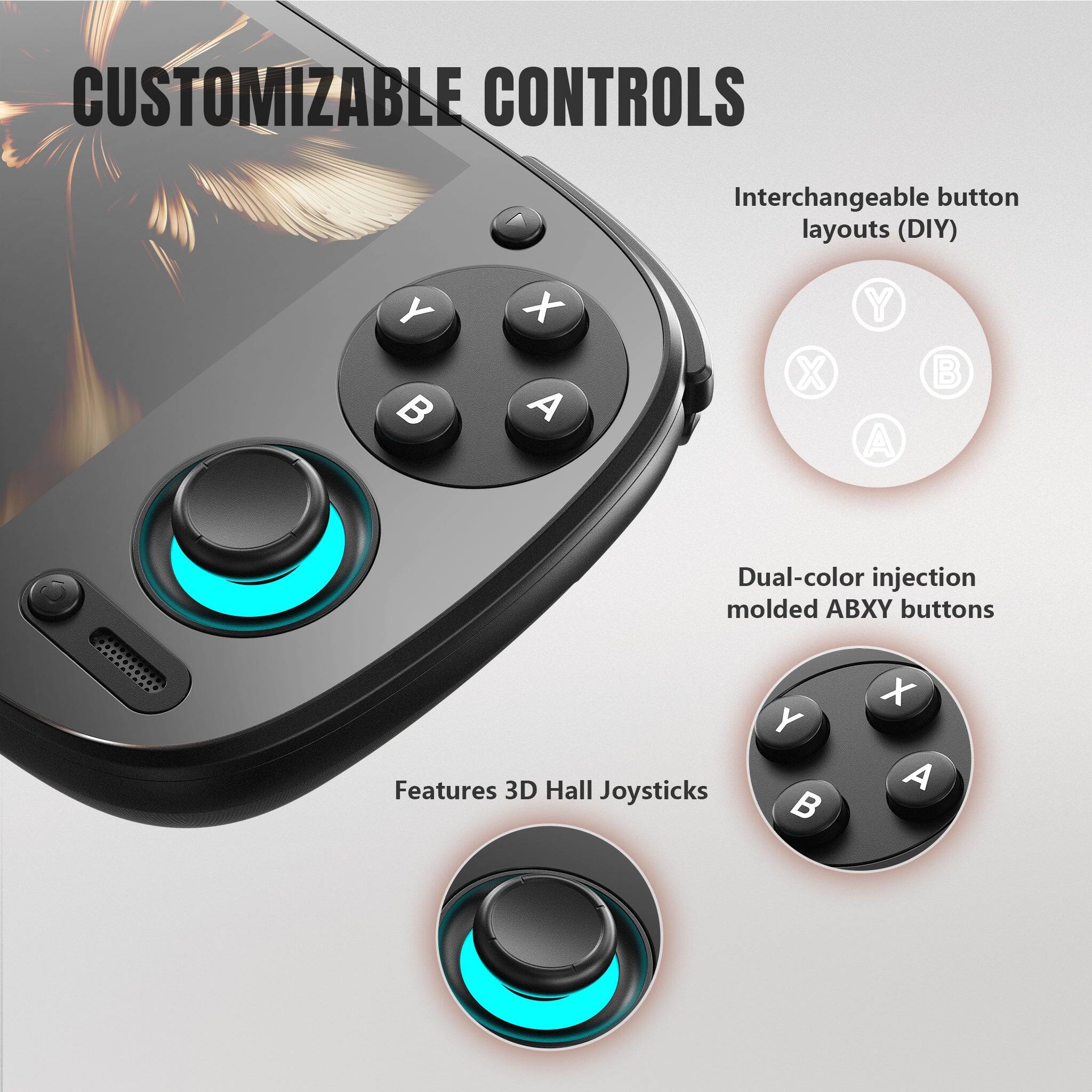CUSTOMIZABLE CONTROLS

- Interchangeable button layouts (DIY)
- Dual-color injection molded ABXY buttons
- Features 3D Hall Joysticks