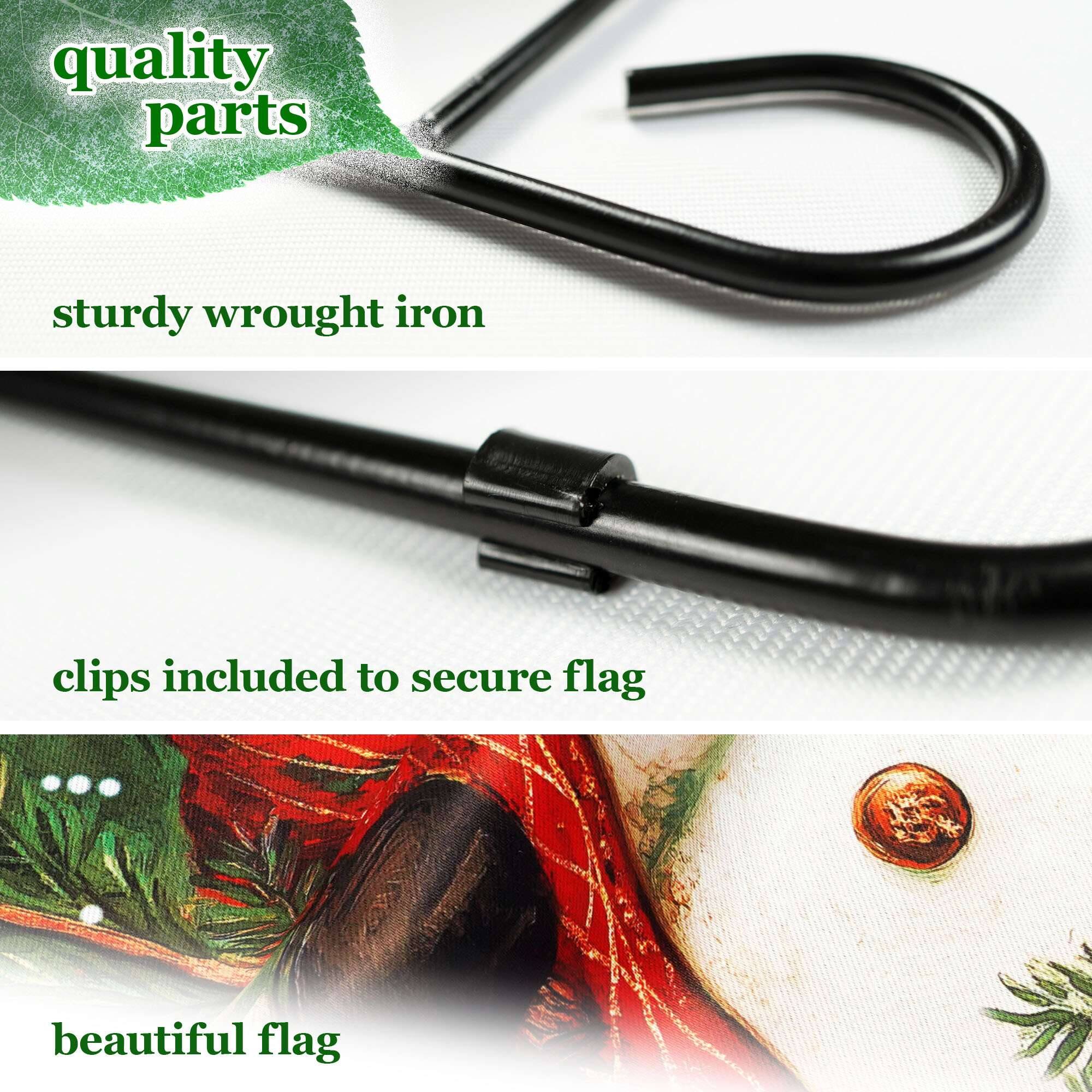 quality parts  
sturdy wrought iron  
clips included to secure flag  
beautiful flag
