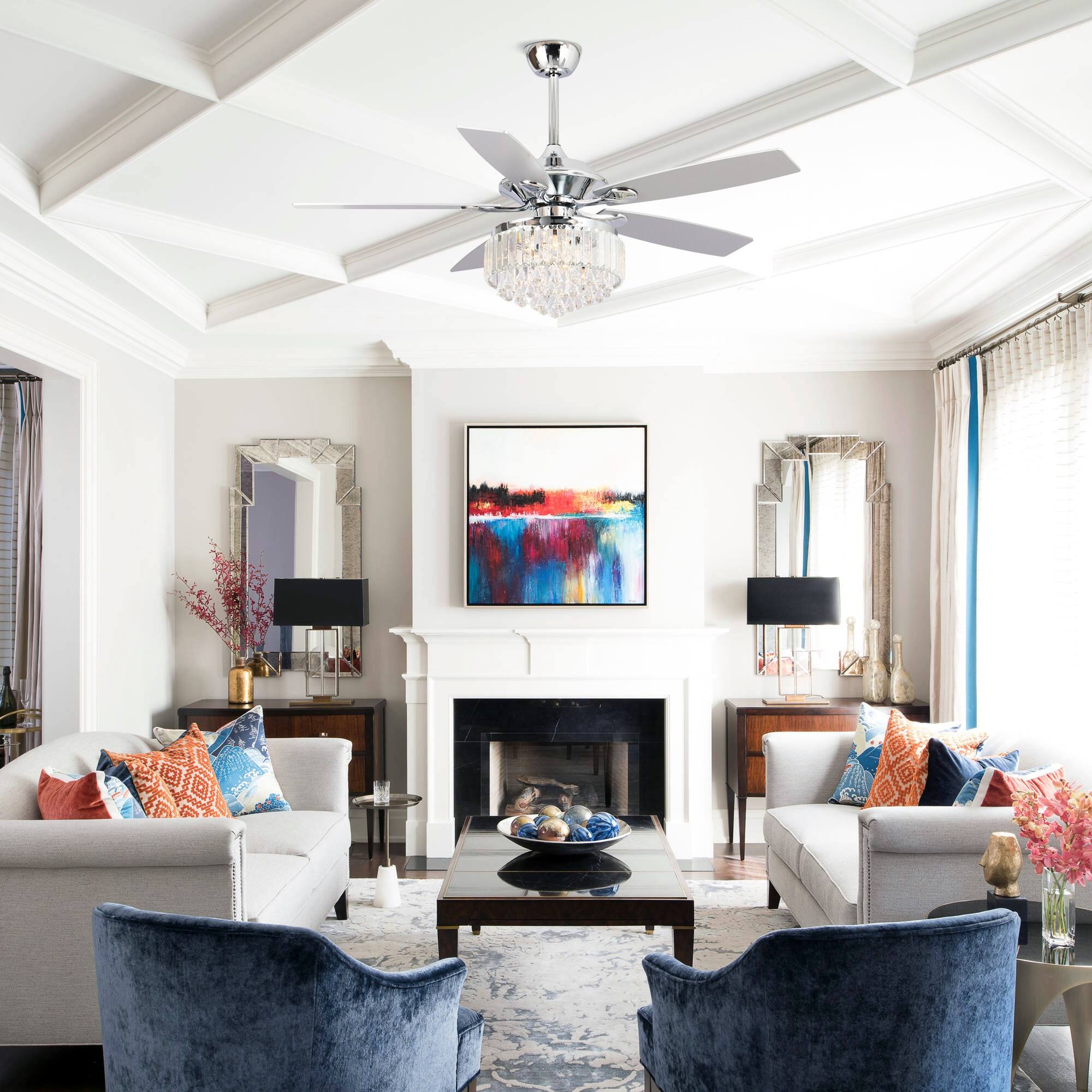 Back. Parrot Uncle - 52" Modern Chrome Crystal Indoor Ceiling Fan Chandelier with Remote - Black.