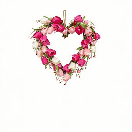 Front. Frangdom - Valentine Heart Tulip Berry Leaf Wreath - PINK 18", 100% handmade.