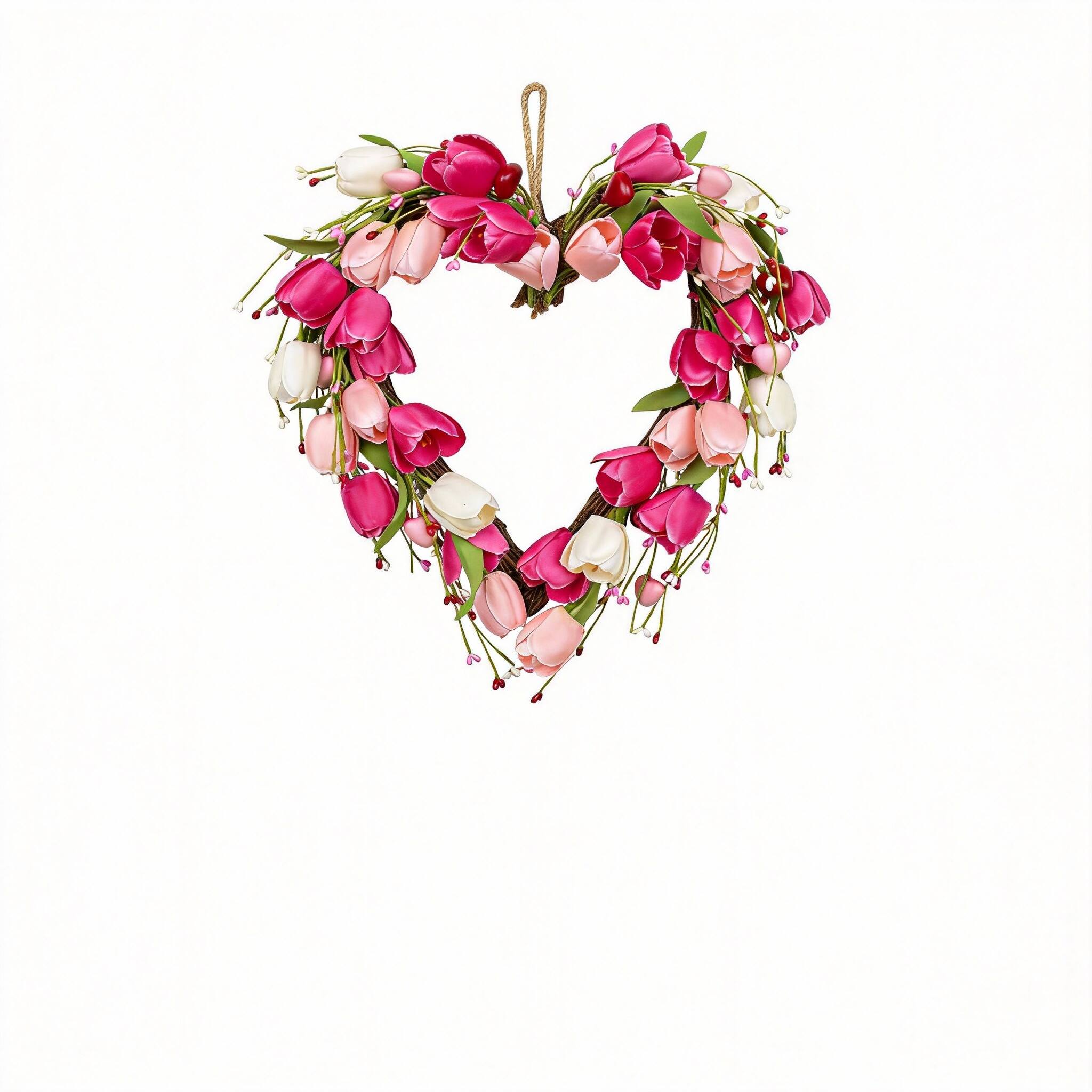 Front. Frangdom - Valentine Heart Tulip Berry Leaf Wreath - PINK 18", 100% handmade.