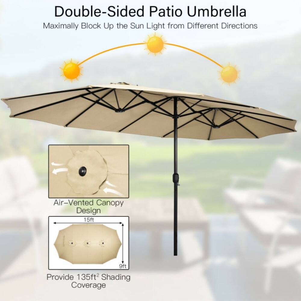 Double-Sided Patio Umbrella  
Maximally Block Up the Sun Light from Different Directions  
Air-Vented Canopy Design  
15ft x 9ft  
Provide 135ft² Shading Coverage