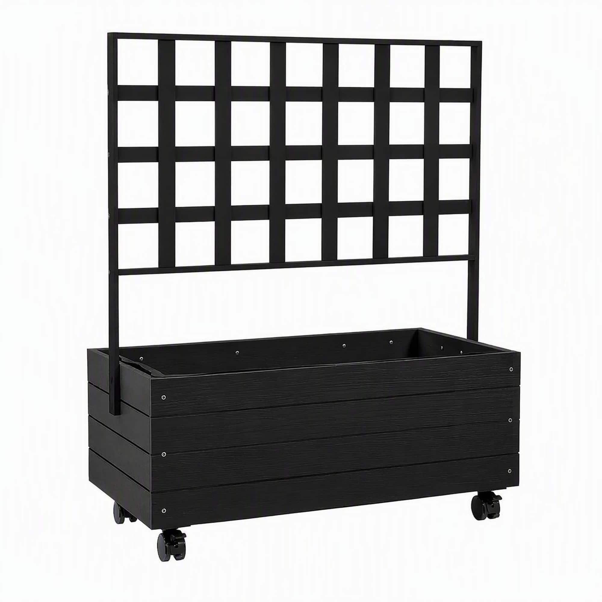 RYHNUYNE - Wooden Elevated Garden Bed with Trellis on Wheels for Patio, 34.6 x 18.9 x 41.3 Inch Fir Raised Planter Box - Black