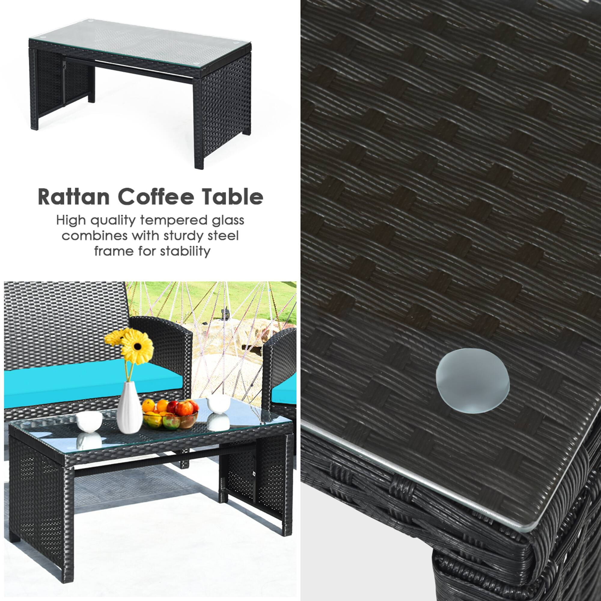 Rattan Coffee Table
High quality tempered glass combines with sturdy steel frame for stability