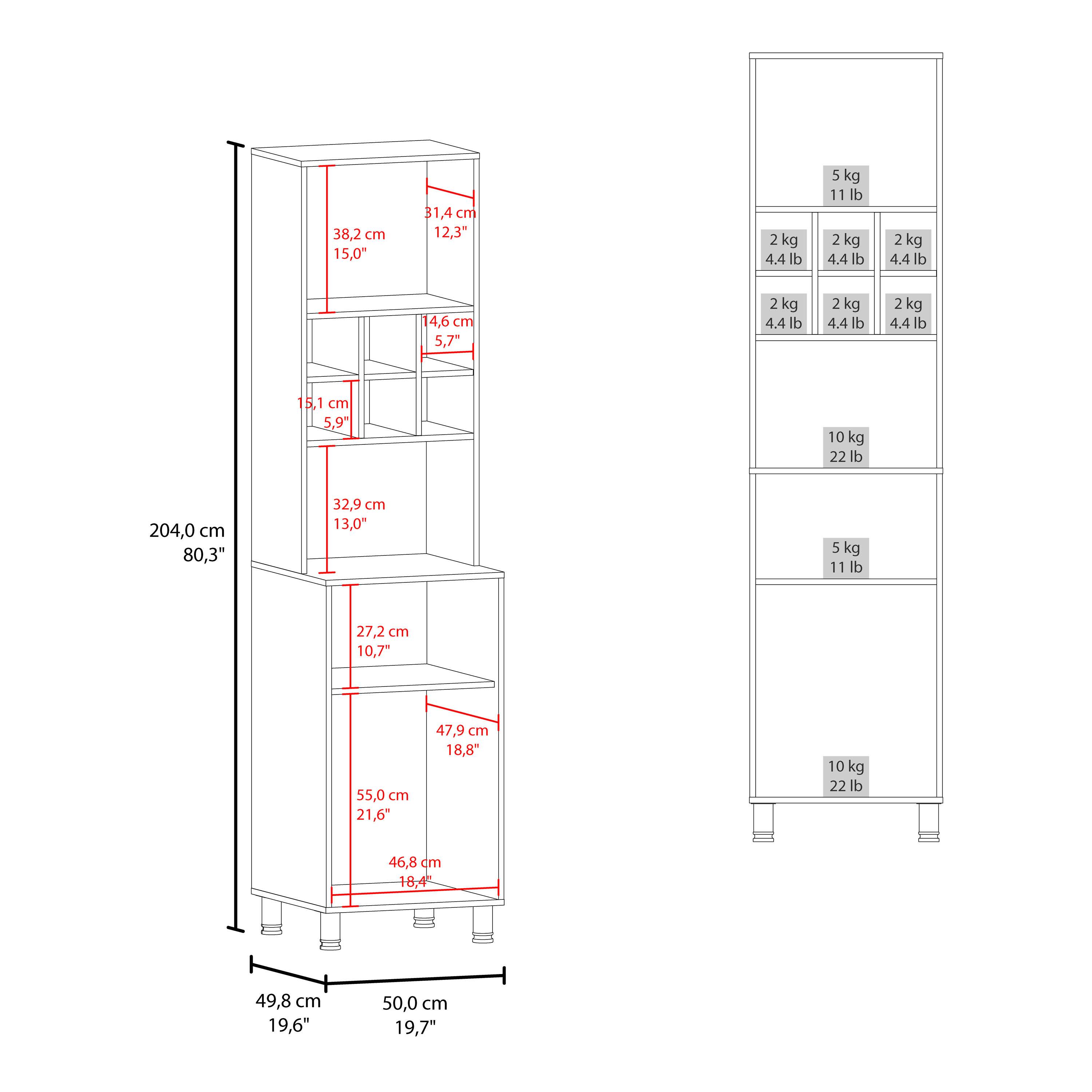 38.2 cm 15.0"  
31.4 cm 12.3"  
14.6 cm 5.7"  
15.1 cm 5.9"  
32.9 cm 13.0"  
27.2 cm 10.7"  
55.0 cm 21.6"  
47.9 cm 18.8"  
46.8 cm 18.4"  
49.8 cm 19.6"  
50.0 cm 19.7"  
204.0 cm 80.3"  

2 kg 4.4 lb  
5 kg 11 lb  
10 kg 22 lb