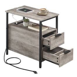 Songmics Home - Side End Table with Charging Station, Slim Nightstand with 2 Drawers, Narrow Bedside Table for Living Room, Small Spaces - Heather Greige and Ink Black