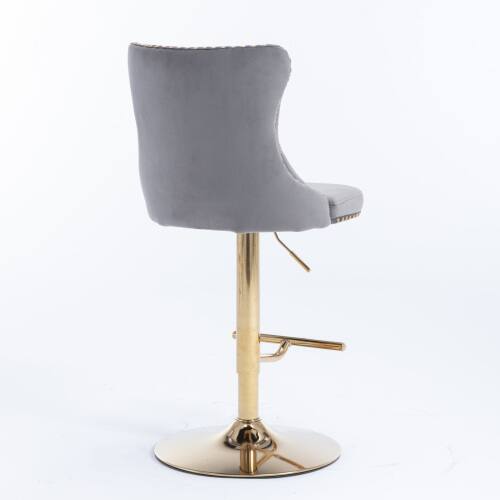 Left. LUCKY ONE - Assembled Adjustable Height Swivel Bar Stool Set of 2 Velvet Tufted with Golden Metal Base - Gray.