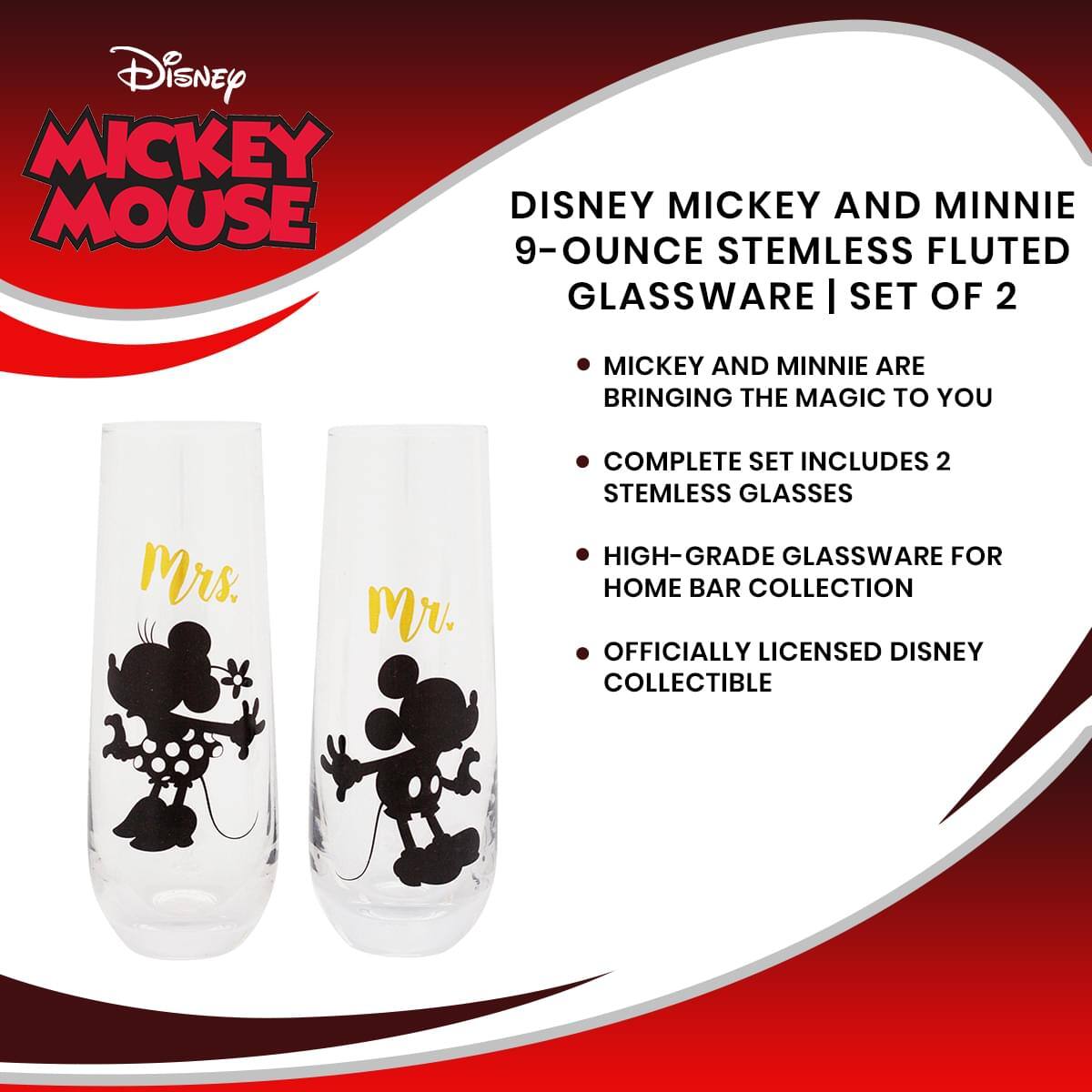 Disney Mickey Mouse

Disney Mickey and Minnie 9-Ounce Stemless Fluted Glassware | Set of 2

- Mickey and Minnie are bringing the magic to you
- Complete set includes 2 stemless glasses
- High-grade glassware for home bar collection
- Officially licensed Disney collectible