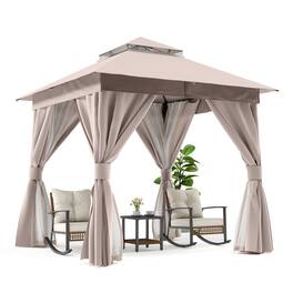 Decksplore - Semi-Permanent Patio Gazebo 8'x8' with Double Roofs, Mosquito Nettings and Privacy Screens - Champagne