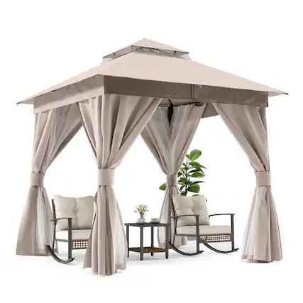 Front. Decksplore - Semi-Permanent Patio Gazebo 8'x8' with Double Roofs, Mosquito Nettings and Privacy Screens - champagne.