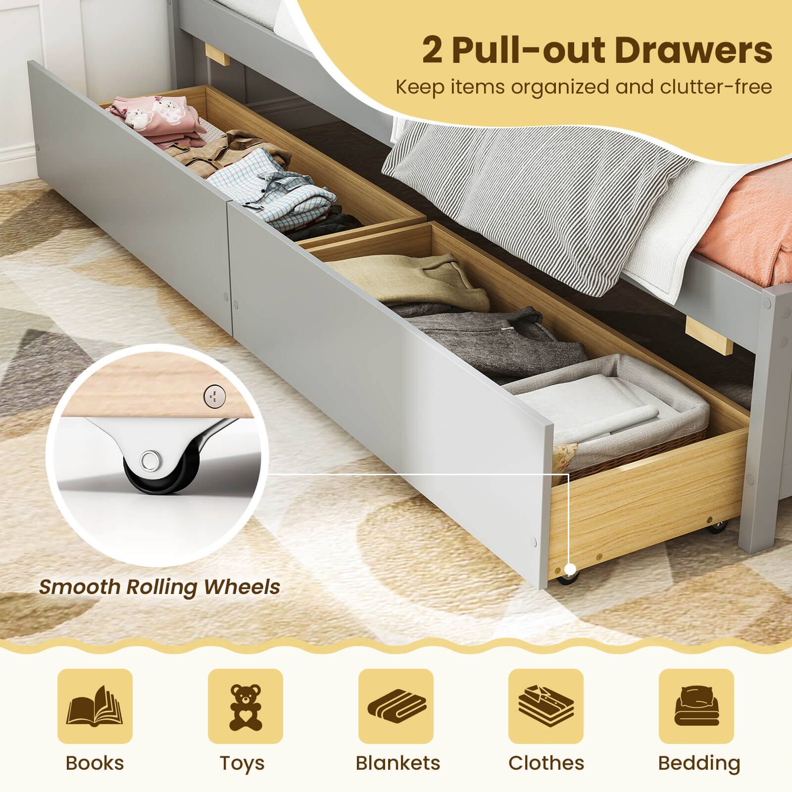 2 Pull-out Drawers Keep items organized and clutter-free Smooth Rolling Wheels Books Toys Blankets Clothes Bedding